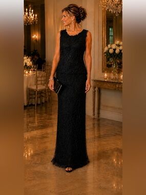 Stenay Black Beaded Sequin Evening Gown Dress Sz 10P Petite Elegant Formal Maxi